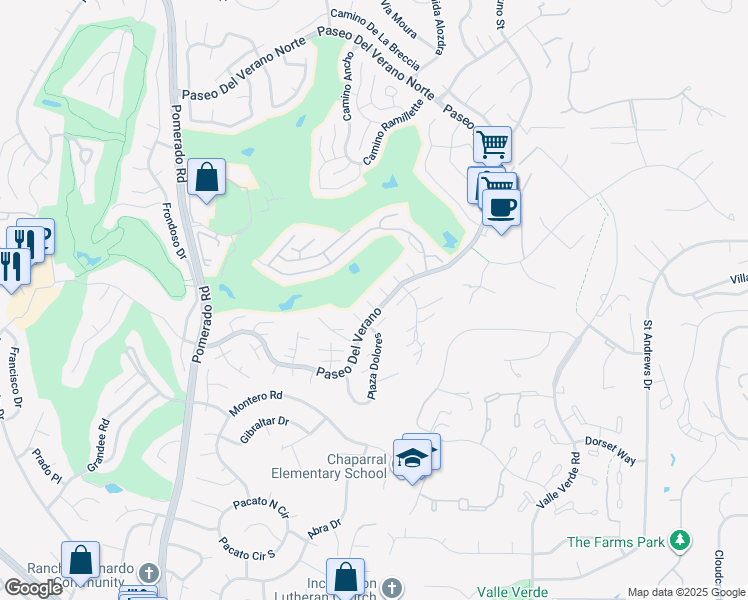 map of restaurants, bars, coffee shops, grocery stores, and more near 17525 Plaza Gitana in San Diego
