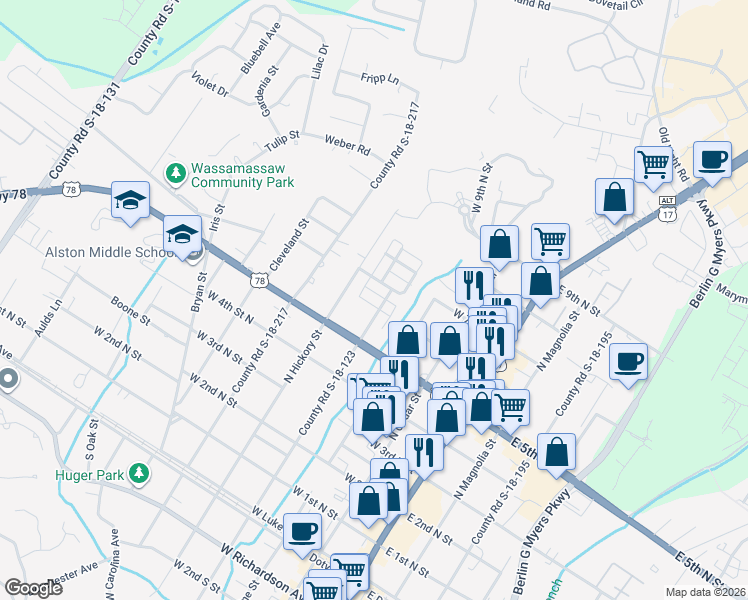 map of restaurants, bars, coffee shops, grocery stores, and more near 109 Sabal Court in Summerville
