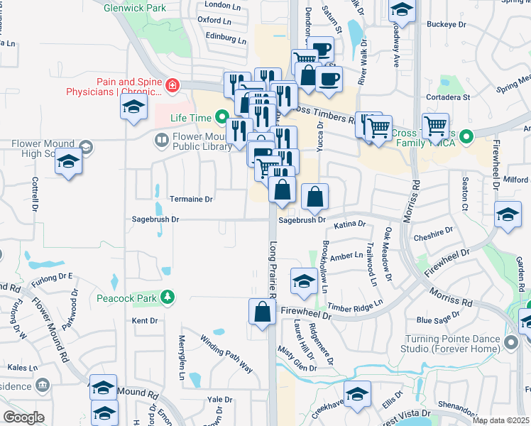 map of restaurants, bars, coffee shops, grocery stores, and more near 3281 Farm to Market Road 2499 in Flower Mound
