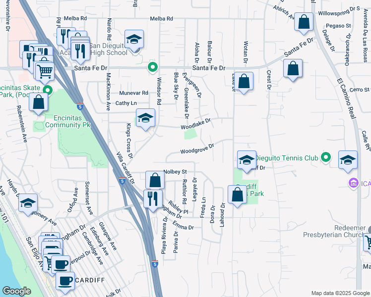 map of restaurants, bars, coffee shops, grocery stores, and more near 991 Woodgrove Drive in Encinitas