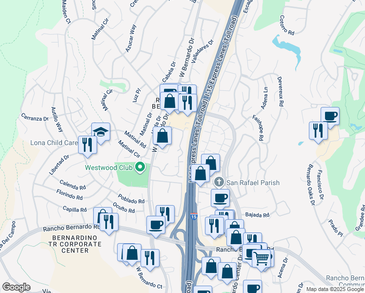 map of restaurants, bars, coffee shops, grocery stores, and more near 17443 Caminito Canasto in San Diego