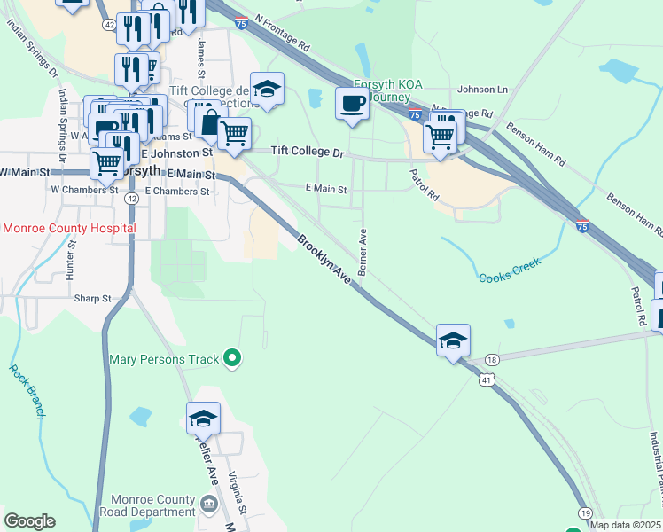 map of restaurants, bars, coffee shops, grocery stores, and more near 25 Brooklyn Avenue in Forsyth