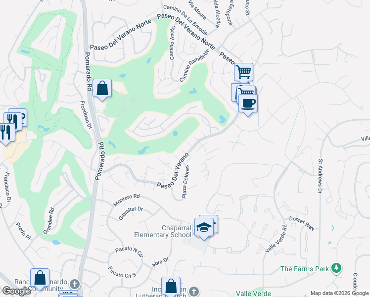 map of restaurants, bars, coffee shops, grocery stores, and more near 17523 Plaza Dolores in San Diego