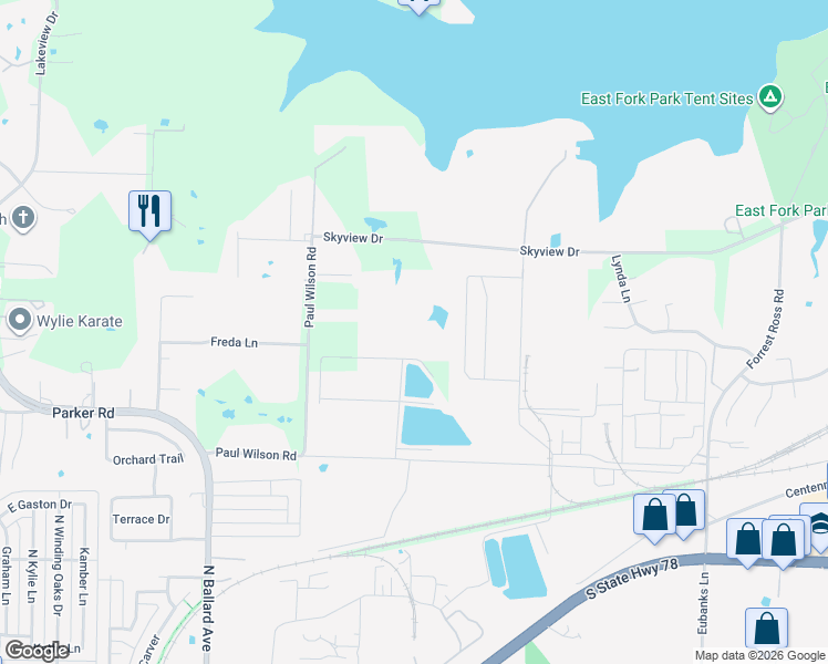 map of restaurants, bars, coffee shops, grocery stores, and more near 844 Paul Wilson Road in Wylie