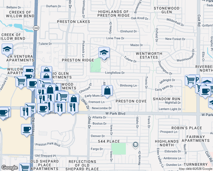 map of restaurants, bars, coffee shops, grocery stores, and more near 4505 Crowley Drive in Plano