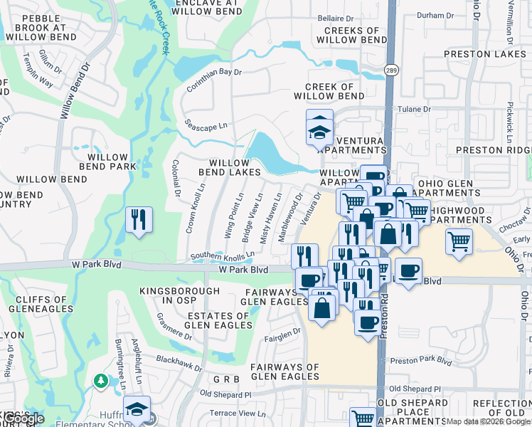 map of restaurants, bars, coffee shops, grocery stores, and more near 2201 Misty Haven Lane in Plano