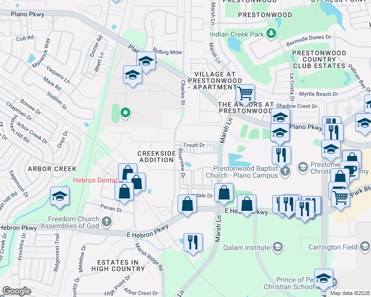 map of restaurants, bars, coffee shops, grocery stores, and more near 2724 Cedar Elm Drive in Carrollton