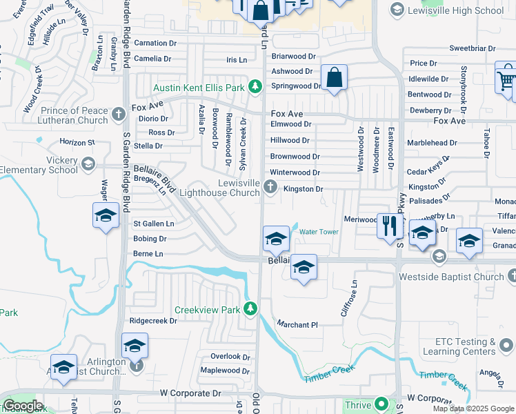 map of restaurants, bars, coffee shops, grocery stores, and more near 1350 South Old Orchard Lane in Lewisville