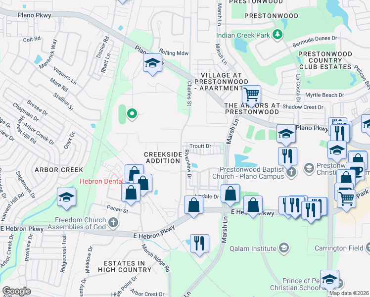 map of restaurants, bars, coffee shops, grocery stores, and more near 2643 Elmbrook Drive in Carrollton