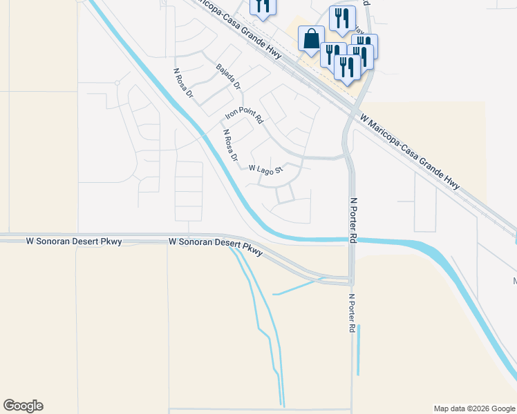 map of restaurants, bars, coffee shops, grocery stores, and more near 42003 West Rosa Drive in Maricopa
