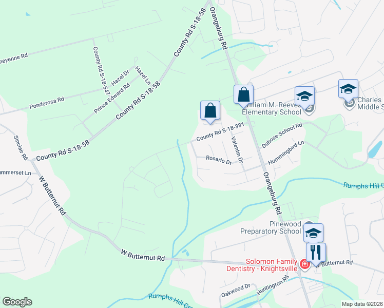 map of restaurants, bars, coffee shops, grocery stores, and more near 108 Sarmiento Lane in Summerville