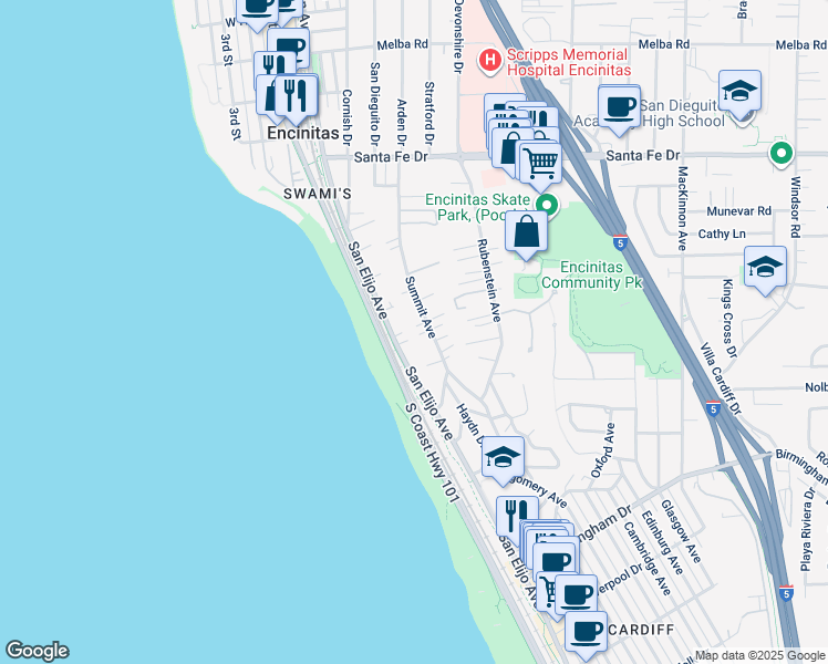 map of restaurants, bars, coffee shops, grocery stores, and more near 1545 San Elijo Avenue in Encinitas