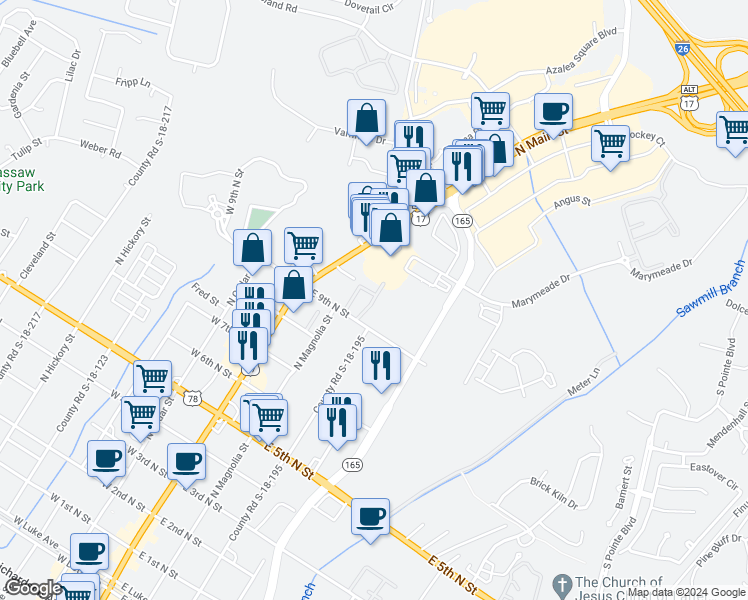 map of restaurants, bars, coffee shops, grocery stores, and more near 1007-1001 County Road S-18-195 in Summerville