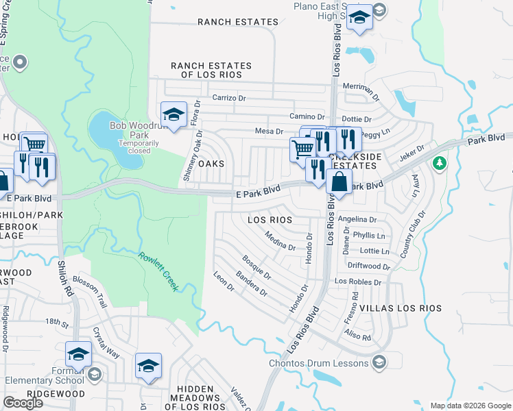 map of restaurants, bars, coffee shops, grocery stores, and more near 3901 Medina Drive in Plano