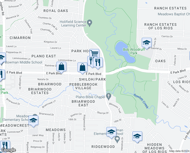 map of restaurants, bars, coffee shops, grocery stores, and more near in Plano