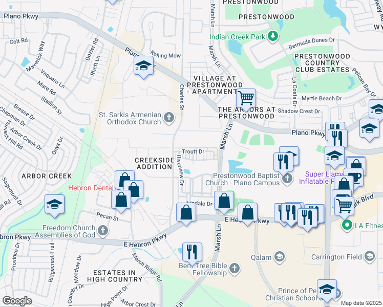 map of restaurants, bars, coffee shops, grocery stores, and more near 2724 Cedar Elm Drive in Carrollton