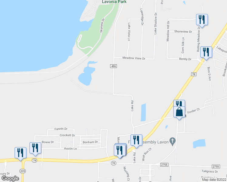 map of restaurants, bars, coffee shops, grocery stores, and more near 474 Lake Road in Lavon