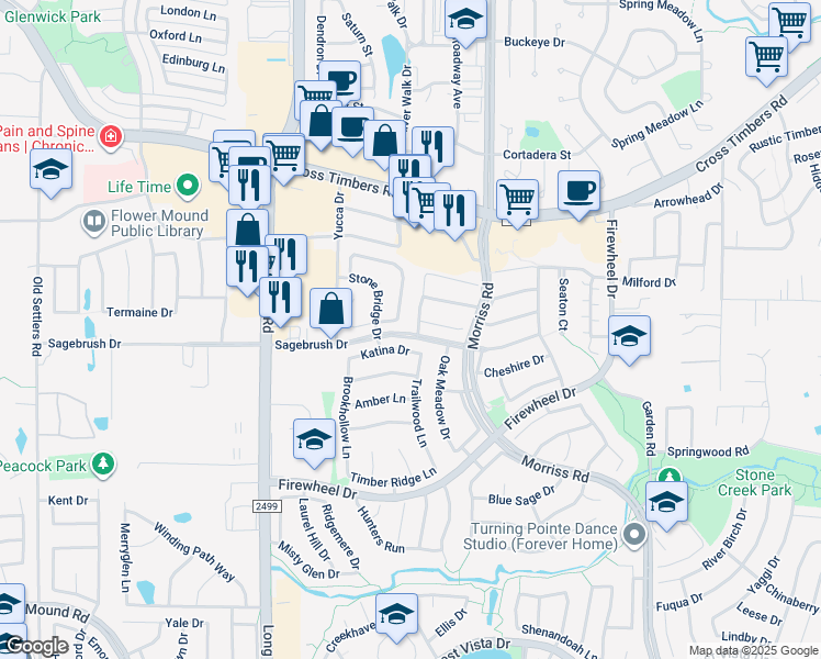 map of restaurants, bars, coffee shops, grocery stores, and more near 3301 Bradford Drive in Flower Mound