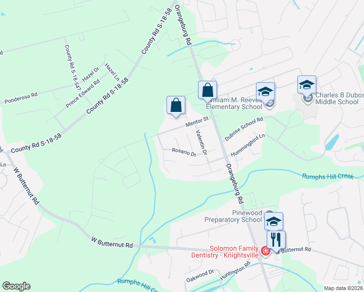 map of restaurants, bars, coffee shops, grocery stores, and more near 114 Rosario Drive in Summerville