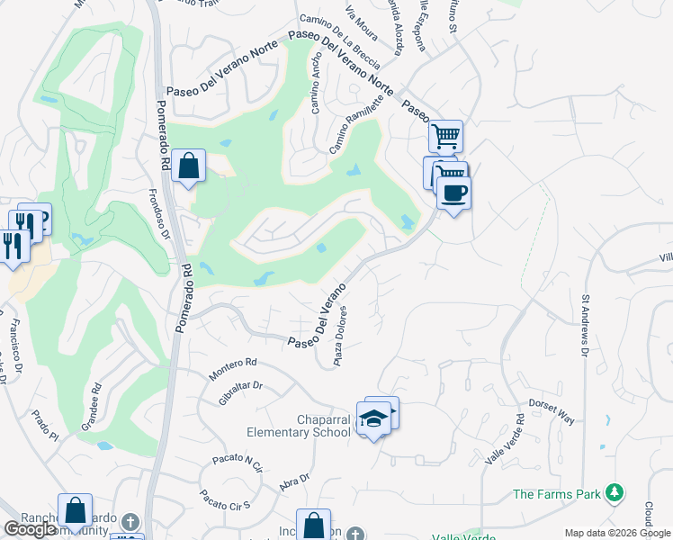 map of restaurants, bars, coffee shops, grocery stores, and more near 17523 Plaza Dolores in San Diego