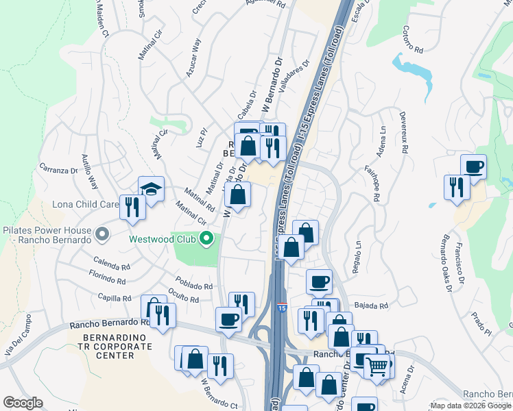 map of restaurants, bars, coffee shops, grocery stores, and more near 17418 Caminito Canasto in San Diego