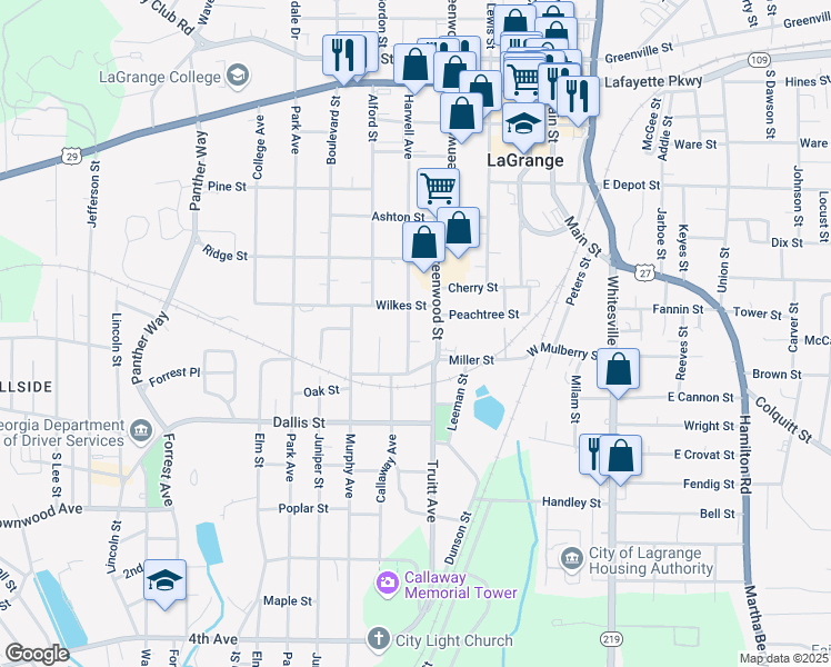 map of restaurants, bars, coffee shops, grocery stores, and more near 607 Harwell Avenue in LaGrange