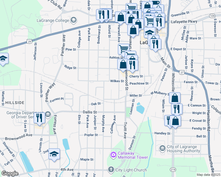 map of restaurants, bars, coffee shops, grocery stores, and more near 606 Harwell Avenue in LaGrange