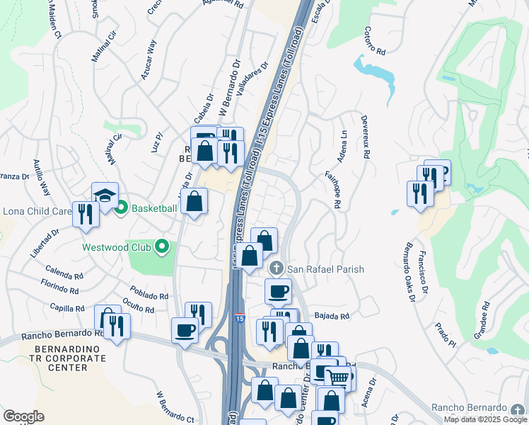 map of restaurants, bars, coffee shops, grocery stores, and more near 17483 Ashburton Road in San Diego