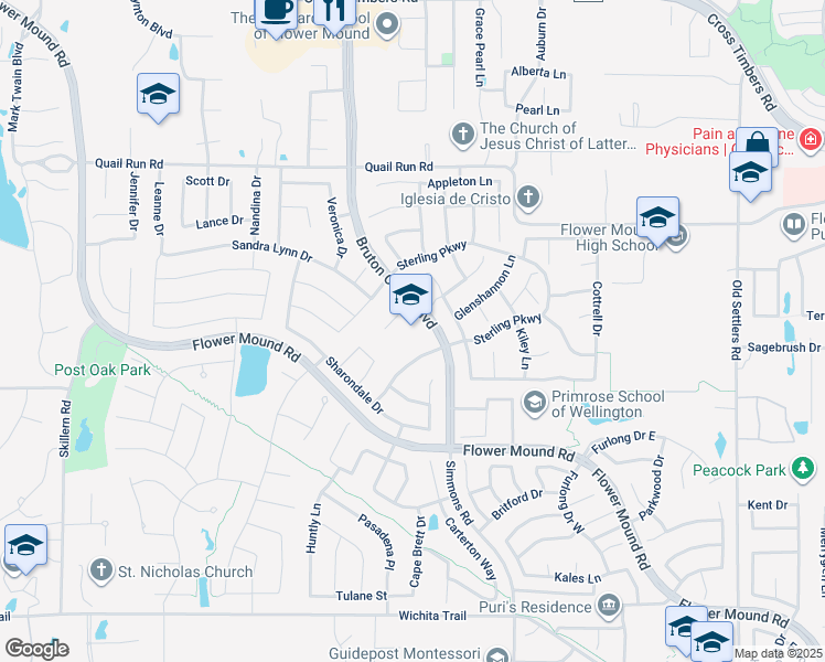 map of restaurants, bars, coffee shops, grocery stores, and more near 3900 Kenwood Drive in Flower Mound