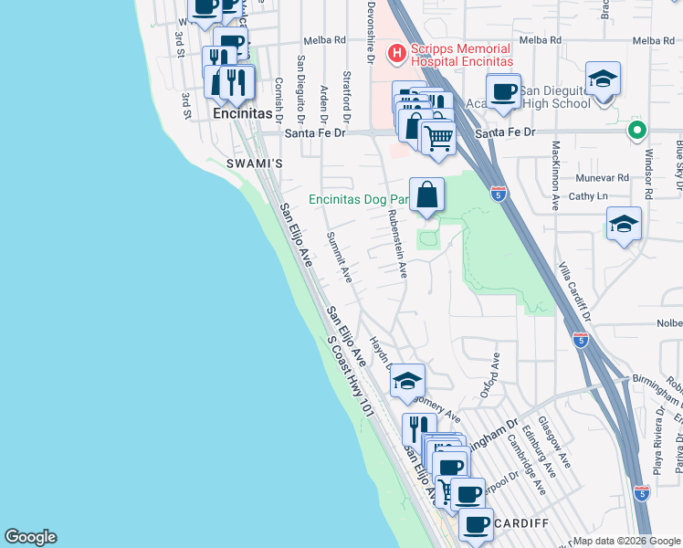 map of restaurants, bars, coffee shops, grocery stores, and more near 1537-39 San Elijo Avenue in Encinitas