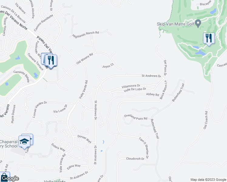 map of restaurants, bars, coffee shops, grocery stores, and more near 17717 Valle De Lobo Drive in Poway