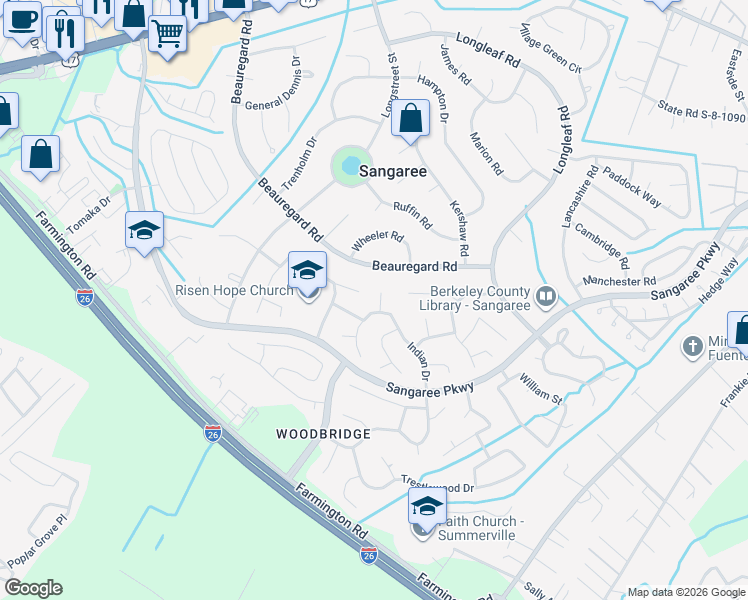 map of restaurants, bars, coffee shops, grocery stores, and more near 103 Chickesaw Court in Summerville
