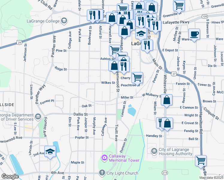 map of restaurants, bars, coffee shops, grocery stores, and more near 607 Harwell Avenue in LaGrange