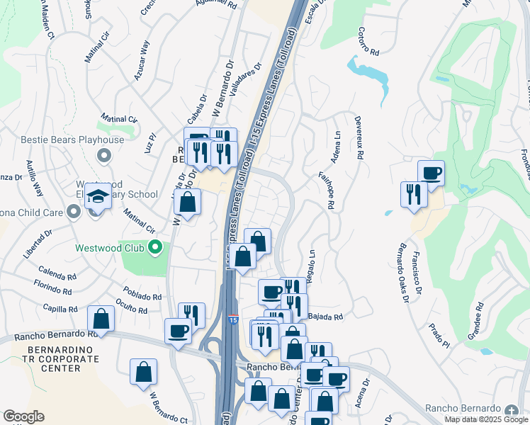 map of restaurants, bars, coffee shops, grocery stores, and more near 17488 Ashburton Road in San Diego