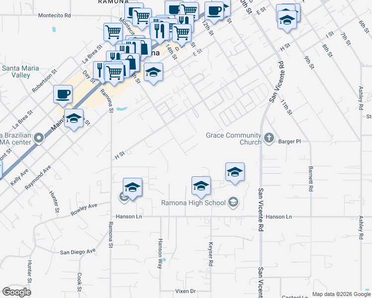 map of restaurants, bars, coffee shops, grocery stores, and more near 1599 Angel Place in Ramona