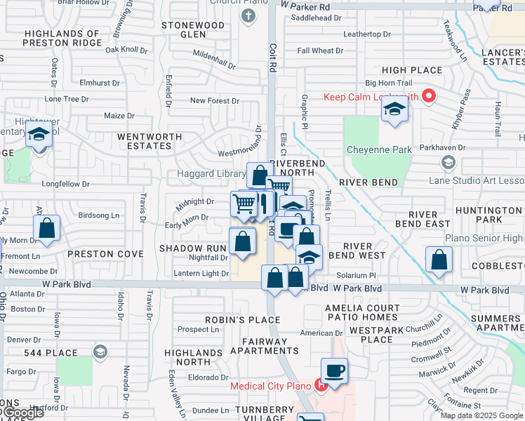 map of restaurants, bars, coffee shops, grocery stores, and more near 2001 Coit Road in Plano