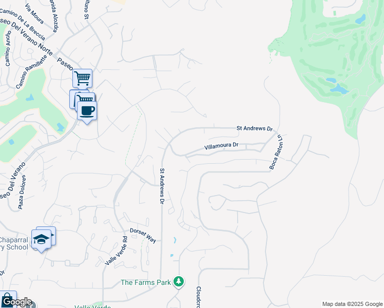 map of restaurants, bars, coffee shops, grocery stores, and more near 17727 Valle De Lobo Drive in Poway