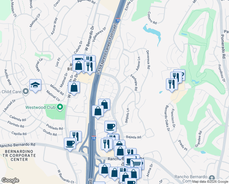 map of restaurants, bars, coffee shops, grocery stores, and more near 17501 Fairlie Road in San Diego