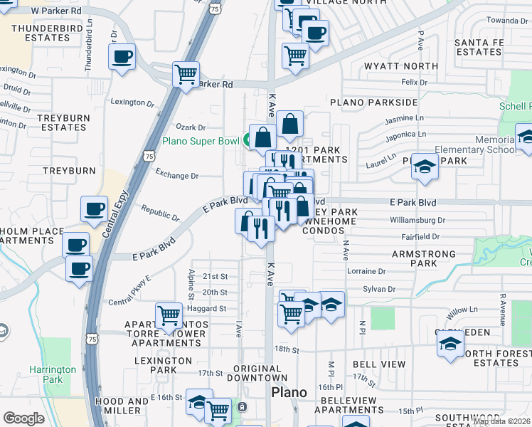 map of restaurants, bars, coffee shops, grocery stores, and more near 2398 K Avenue in Plano
