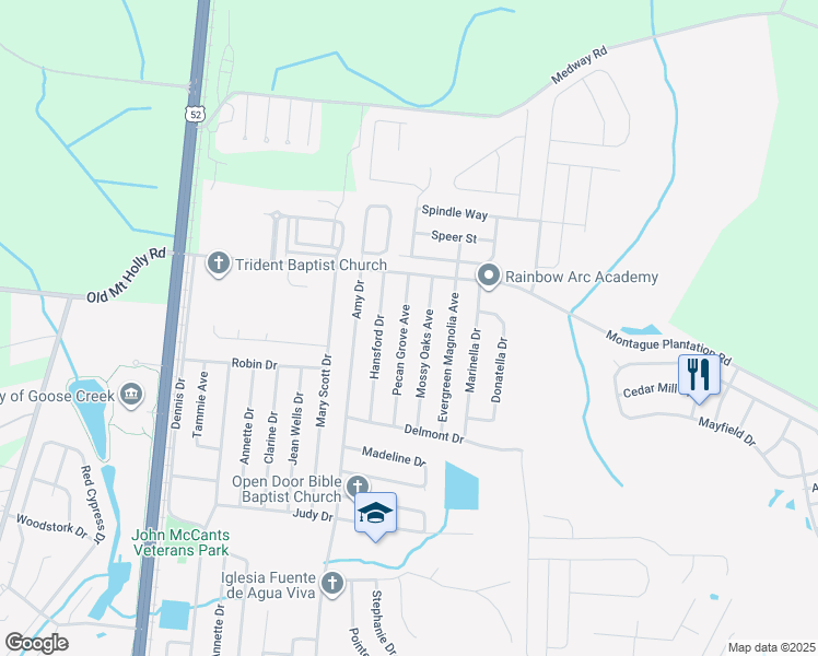 map of restaurants, bars, coffee shops, grocery stores, and more near 138 Pecan Grove Avenue in Goose Creek