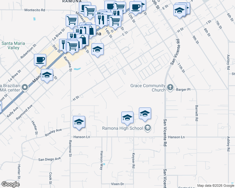 map of restaurants, bars, coffee shops, grocery stores, and more near 1599 Angel Place in Ramona
