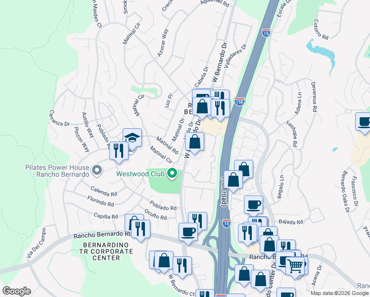 map of restaurants, bars, coffee shops, grocery stores, and more near 11497 Matinal Circle in San Diego