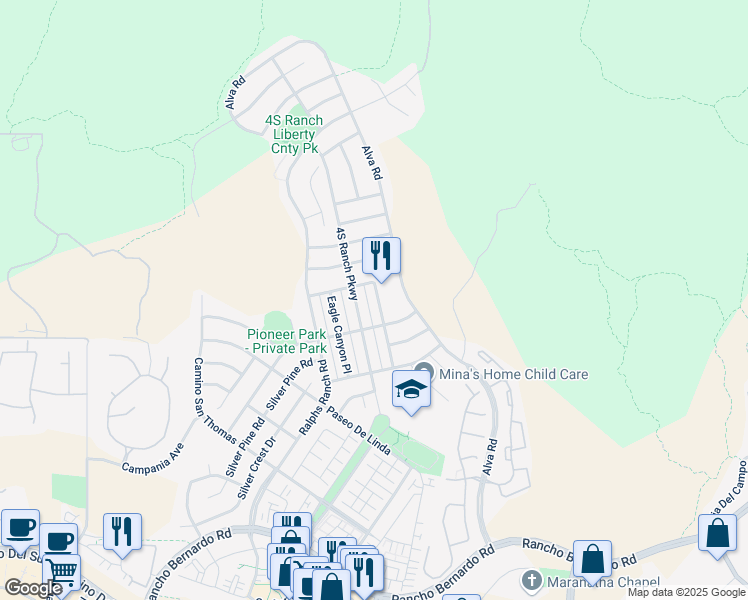 map of restaurants, bars, coffee shops, grocery stores, and more near 17314 Albert Avenue in San Diego