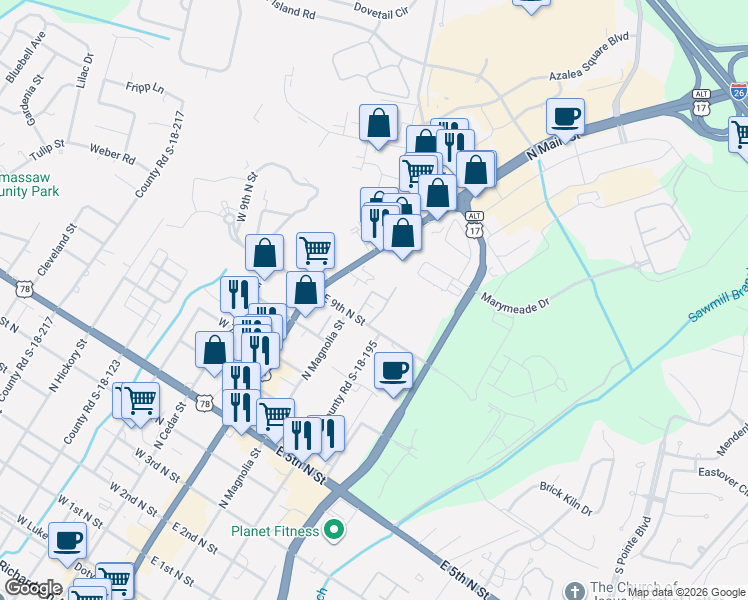 map of restaurants, bars, coffee shops, grocery stores, and more near 255 East 9th North Street in Summerville