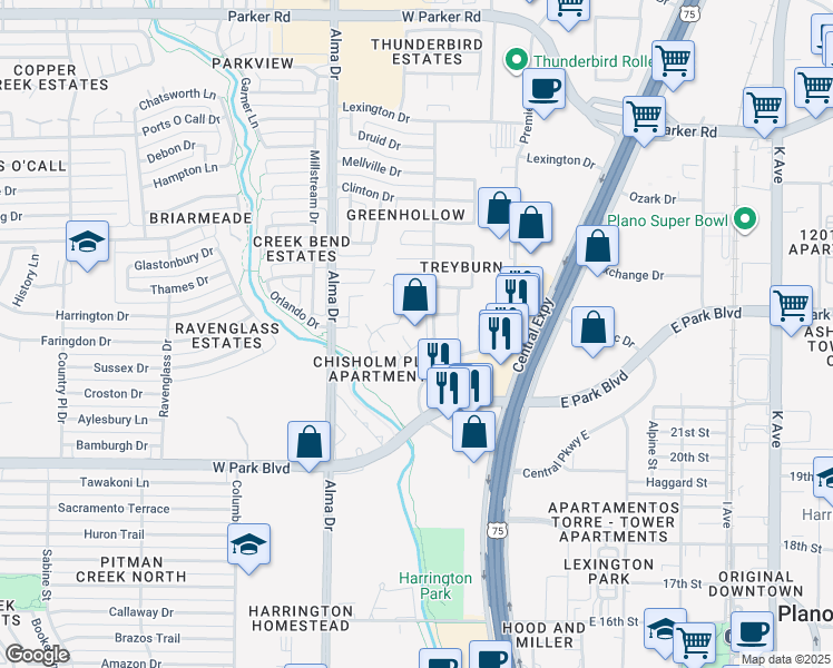 map of restaurants, bars, coffee shops, grocery stores, and more near 2300 Treyburn Court in Plano