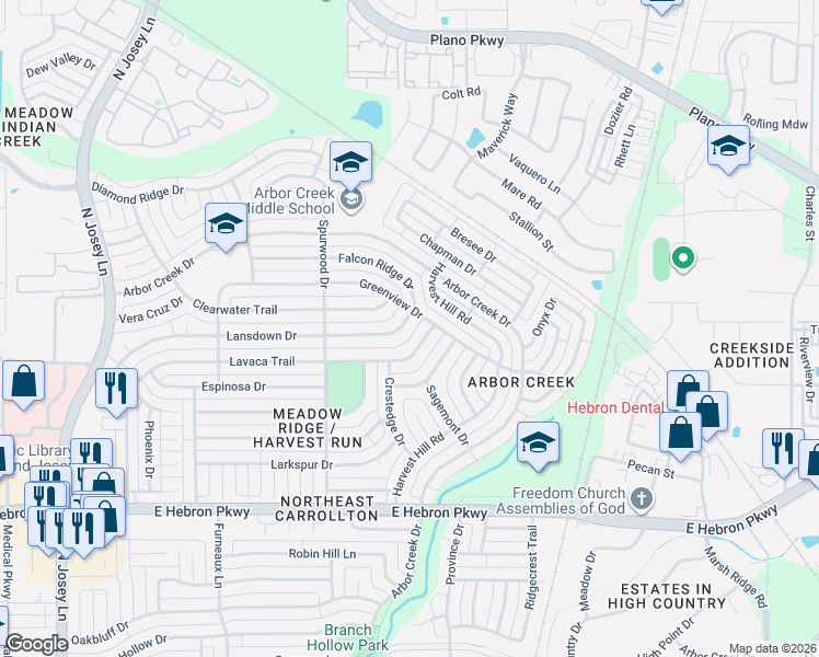 map of restaurants, bars, coffee shops, grocery stores, and more near 2131 Lavaca Trail in Carrollton