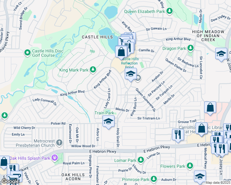 map of restaurants, bars, coffee shops, grocery stores, and more near 1149 Lady Carol Lane in Lewisville