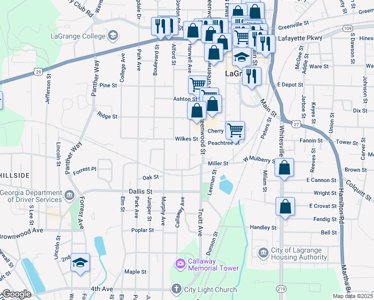 map of restaurants, bars, coffee shops, grocery stores, and more near 606 Harwell Avenue in LaGrange