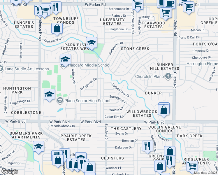 map of restaurants, bars, coffee shops, grocery stores, and more near 2609 Eucalyptus Drive in Plano