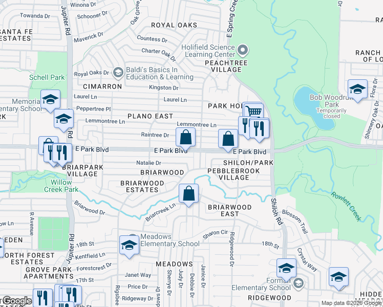 map of restaurants, bars, coffee shops, grocery stores, and more near 3120 East Park Boulevard in Plano